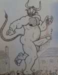  anthro body_hair bovid building chest_hair crush demon duo erection feet felid genitals hex hex6 house human hybrid macro magic male mammal musclegut muscular pantherine pen_(artwork) penis stomping thick_thighs tiger traditional_media_(artwork) trampling 