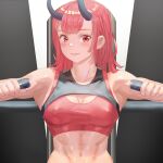  1girl abs absurdres bangs blush breasts cleavage covered_nipples exercise exercise_machine eyebrows_visible_through_hair fang highres horns medium_hair muscular muscular_female navel original red_eyes red_hair smile toned upper_body yokosa0917 