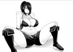  1girl bikini bikini_top_only boots breasts bright_pupils cleavage collarbone commission greyscale hair_over_one_eye large_breasts looking_at_viewer monochrome parted_lips ponytail sakiyume11 simple_background sitting solo spread_legs stomach swimsuit white_background 
