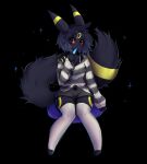  1girl anakoluth animal_ears black_eyes black_hair colored_sclera eyebrows_visible_through_hair furrification furry furry_female highres long_sleeves looking_at_viewer pokemon popsicle_in_mouth red_sclera short_hair solo tail thighhighs umbreon white_legwear 
