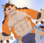  ^_^ abs anthro barrel_(live-a-hero) bulge canid canine canis clothing eyes_closed hip_window lifewonders live-a-hero male mammal muscular muscular_anthro muscular_male pawpads pecs reaching_towards_viewer smile swimwear tora_oekaki video_games wolf 