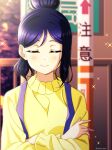  1girl absurdres bangs birthday blue_hair blush closed_eyes commentary hair_behind_ear hair_bun highres isami_don long_hair long_sleeves love_live! love_live!_sunshine!! matsuura_kanan single_sidelock smile solo suspenders twitter_username upper_body 