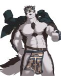  2022 abs absurd_res anthro bandanna belt biped black_nose bottomwear brown_body brown_fur bulge canid canine canis chest_tuft clothing elbow_tuft eyebrows fingerless_gloves fist fluffy fluffy_tail front_view fur gloves hand_on_hip handwear head_tuft hi_res horkeukamui jacket jacket_on_shoulders kerchief lifewonders loincloth male mammal multicolored_body multicolored_fur muscular muscular_anthro muscular_male nipples pecs pink_nipples portrait rotton simple_background smile solo standing three-quarter_portrait tokyo_afterschool_summoners topwear tuft two_tone_body two_tone_fur video_games white_background white_body white_fur wolf yellow_eyes 