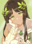  1girl black_survival brown_hair clover clover_(flower) collarbone dress eternal_return:_black_survival flower four-leaf_clover green_background green_eyes gweon_sua hair_ornament hand_on_own_face highres leaf_hair_ornament long_hair looking_at_viewer smile solo sukyan symbol-shaped_pupils upper_body yellow_dress 