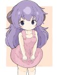  1girl absurdres bangs bare_arms bare_shoulders blush_stickers breasts brown_background cleavage closed_mouth commentary_request dress eyebrows_visible_through_hair hanyuu highres higurashi_no_naku_koro_ni horns long_hair medium_breasts pink_dress purple_eyes purple_hair rururu_(pyrk8855) sleeveless sleeveless_dress solo standing thick_eyebrows two-tone_background very_long_hair white_background 