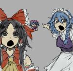  3girls :&gt; :o ascot bare_shoulders black_eyes black_hair blue_hair bow braid breasts detached_sleeves dress eyebrows_visible_through_hair focused fumo_(doll) gohei grey_background hair_bow hair_tubes hakurei_reimu hat izayoi_sakuya long_sleeves looking_at_viewer maid maid_headdress meme mob_cap multiple_girls oekaki open_mouth pink_dress pink_headwear pointing_at_another remilia_scarlet ribbon-trimmed_sleeves ribbon_trim shigezie sidelocks sketch touhou two_soyjaks_pointing_(meme) 