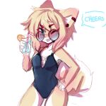  1girl anakoluth animal_ears black_swimsuit breasts cleavage closed_mouth collarbone cup dog_ears dog_girl dog_tail drinking_glass drinking_straw english_text eyebrows_visible_through_hair furry furry_female highres holding holding_cup looking_at_viewer one-piece_swimsuit one_eye_closed original round_eyewear small_breasts solo speech_bubble sunglasses swimsuit tail tongue tongue_out 