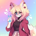  1girl :3 anakoluth animal_ears black_shirt blonde_hair blue_eyes blush choker closed_mouth dog_ears dog_girl dog_tail eyebrows_visible_through_hair furry furry_female glasses highres looking_at_viewer one_eye_closed original round_eyewear shirt short_hair smile solo tail v 