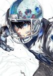  4boys american_football american_football_helmet american_football_uniform belt black_hair blue_eyes blue_gloves clenched_teeth cloud cloudy_sky eyeshield_21 gloves green_sky hair_between_eyes helmet highres multiple_boys ossan_zabi_190 reflection seijuro_shin sketch sky solo_focus sportswear sweat teeth unfinished wide-eyed 