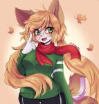  1girl absurdres anakoluth animal_ears blush brown_hair commission dog_ears dog_girl dog_tail eyebrows_visible_through_hair furry furry_female glasses green_eyes green_sweater highres long_hair looking_at_viewer low_twintails open_mouth original red_scarf round_eyewear scarf smile solo sweater tail twintails 