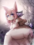  2022 anthro areola arthropod breasts brown_body brown_fur butt butterfly canid canine canis cute_fangs female fur genitals hair healingpit hi_res insect kemono lepidopteran looking_at_viewer mammal nipples nude pink_hair purple_eyes pussy solo white_body white_fur wolf 