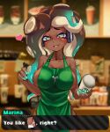  &lt;3 2021 animal_humanoid apron apron_only beauty_mark breasts cephalopod cephalopod_humanoid clothing container cup dark_body dark_skin dialogue english_text female gm_laz green_eyes headphones hi_res holding_cup holding_object holding_pen humanoid looking_at_viewer marina_(splatoon) marine marine_humanoid meme mollusk mollusk_humanoid mostly_nude nintendo octarian octoling pen pseudo_hair signature smile solo splatoon starbucks tentacle_hair tentacles text text_box video_games 
