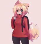  1girl :3 ahoge anakoluth animal_ears backpack bag black_pants blonde_hair blue_eyes blush closed_mouth dog_ears dog_girl dog_tail eyebrows_visible_through_hair furry furry_female glasses highres long_sleeves looking_at_viewer original pants red_sweater ribbed_sweater round_eyewear short_hair smile solo sweater tail 