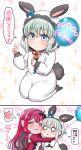  2girls absurdres animal_costume balloon bow bowtie chibi crown cuddling dress eyebrows_visible_through_hair fairy_knight_tristan_(fate) fate/grand_order fate_(series) heart highres hug if_they_mated morgan_le_fay_(fate) multiple_girls o_o pointy_ears siblings sisters smile v yakisobapan_tarou_&amp;_negitoro-ko 