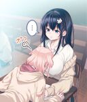  ... 2girls 40hara black_hair blue_eyes breast_pillow breasts classroom highres hood hoodie indoors large_breasts long_hair multiple_girls original pink_hair short_hair spoken_ellipsis yuri 