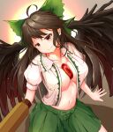  1girl absurdres ahoge arm_cannon bangs bird_wings black_wings blush bow breasts center_frills cleavage closed_mouth collar collarbone commentary_request control_rod eyelashes feathered_wings frilled_collar frills green_bow green_skirt hair_bow head_tilt highres hira-san large_breasts long_hair looking_at_viewer microskirt navel open_mouth puffy_short_sleeves puffy_sleeves red_eyes reiuji_utsuho short_sleeves sidelocks skirt smile solo stomach third_eye touhou weapon wings 