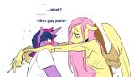  blush bodily_fluids cigarette clothing crossgender dialogue duo english_text equid equine fluttershy_(mlp) friendship_is_magic ftm_crossgender hair horn male mammal my_little_pony panic pegasus pink_hair purple_hair redxbacon skinny sweat sweatdrop text twilight_sparkle_(mlp) unicorn wings 