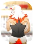  1boy animal_ears arknights ass back bangs bara bare_shoulders black_tank_top blush brown_fur casual dog_boy dog_ears dog_tail from_behind furry furry_male highres horns hung_(arknights) jityousinai89 long_hair male_focus multicolored_hair muscular muscular_male orange_eyes orange_hair pants protected_link single_horn smile solo streaked_hair tail tank_top two-tone_fur white_fur white_hair white_pants 
