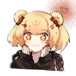  +_+ 1girl alternate_costume animal_ears arknights bear_ears black_sweater blonde_hair blush candy_hair_ornament chinese_commentary closed_mouth commentary_request cropped_torso eyebrows_visible_through_hair food-themed_hair_ornament gummy_(arknights) hair_ornament hands_on_own_cheeks hands_on_own_face highres long_sleeves nail_polish red_eyes red_nails short_hair smile solo sparkling_eyes sweater two-tone_background upper_body yizhiasha 
