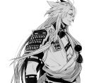  1boy armor greyscale hair_flaps japanese_armor japanese_clothes kogitsunemaru long_hair male_focus monochrome pectoral_cleavage pectorals red_eyes shoulder_armor smile smirk sode solo spot_color touken_ranbu yway1101 