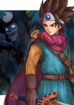  1boy belt border brown_gloves brown_hair cape circlet closed_mouth commentary dragon_quest dragon_quest_iii gloves glowing glowing_eyes grey_eyes holding holding_sword holding_weapon looking_away male_focus natrium_picture pointy_hair red_cape roto serious shaded_face sharp_teeth sheath solo_focus spiked_hair sword teeth third_eye tunic v-shaped_eyebrows weapon white_border yellow_sleeves 