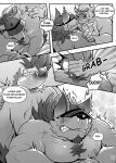 anthro boss_(gym_pals) bovid bovine canid canine canis cattle clothing comic duo genitals gym_pals h155296 hat headgear headwear hi_res humanoid_genitalia humanoid_penis male male/male mammal manager_(gym_pals) monochrome penis tail_grab wolf 