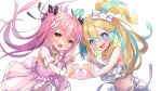  2girls :o absurdres amakawa_hano aqua_eyes aqua_hair bettle_(b_s_a_n) black_ribbon blonde_hair blue_background blush bow bubble dress hair_bow heart heart_hands heart_hands_duo highres himekuma_ribon long_hair midriff multicolored_hair multiple_girls navel outdoors pink_dress pink_hair re:act ribbon transparent_background two-tone_hair v virtual_youtuber 