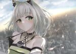  1girl animal_ear_fluff animal_ears arknights bangs bare_shoulders blue_sky blunt_bangs blush cat_ears city closed_mouth collarbone day detached_collar detached_sleeves dress eyebrows_visible_through_hair green_dress green_eyes highres kal&#039;tsit_(arknights) looking_at_viewer outdoors petals short_hair silver_hair sky solo stethoscope sunlight unidon_48 upper_body 