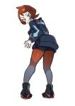  1girl arezu_(pokemon) blue_legwear cowlick diamond_clan_outfit from_behind full_body gradient gradient_legwear head_tilt highres kisama_(0213) looking_at_viewer multicolored_clothes multicolored_legwear pantyhose pokemon pokemon_(game) pokemon_legends:_arceus red_eyes red_hair red_legwear short_hair shorts simple_background smile solo standing white_background 