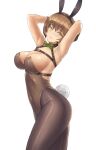  1girl absurdres animal_ears armpits arms_up bangs bare_shoulders black_gloves black_hairband black_legwear bow bowtie breasts brown_eyes brown_hair brown_leotard brownie_(last_origin) cleavage covered_navel cowboy_shot eyebrows_visible_through_hair fake_animal_ears gloves green_bow green_bowtie hairband highres large_breasts last_origin leotard looking_at_viewer pantyhose parted_lips playboy_bunny poorgom rabbit_ears rabbit_tail short_hair smile solo strapless strapless_leotard tail thighs underbust 