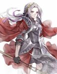  1girl armor axe bangs breasts edelgard_von_hresvelg fire_emblem fire_emblem:_three_houses fire_emblem_warriors:_three_hopes gloves highres long_hair looking_at_viewer purple_eyes ribbon senano-yu simple_background solo weapon white_background white_hair 