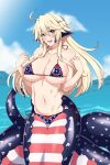  1girl absurdres ahoge alternate_body_size american_flag american_flag_print beach bikini blonde_hair blue_eyes blush breasts cleavage commission commissioner_upload confederate_flag confederate_flag_bikini confederate_states_of_america day fang flag_print hair_between_eyes highres iowa_(kancolle) jewelry kantai_collection lamia large_breasts lindaroze long_hair looking_at_viewer monster_girl navel open_mouth outdoors ring scales sky smile solo standing star-shaped_pupils star_(symbol) striped swimsuit symbol-shaped_pupils wedding_band wedding_ring 