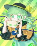  1girl bangs blouse blush breasts buttons chamaruku closed_mouth commentary_request crystal eyebrows_visible_through_hair food frills fruit fruit_sandwich green_background green_eyes green_hair green_headwear green_nails green_ribbon green_skirt hands_up hat hat_ribbon jewelry kiwi_(fruit) komeiji_koishi long_sleeves looking_to_the_side medium_breasts medium_hair multicolored_background nail_polish ribbon skirt smile solo standing striped striped_background third_eye touhou wide_sleeves yellow_background yellow_blouse 