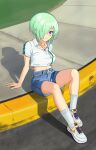  1girl absurdres arm_support blue_shorts casual collarbone crop_top druj_(jahy) eyebrows_visible_through_hair green_hair green_nails highres jahy-sama_wa_kujikenai! jewelry light_blush looking_at_viewer midriff nail_polish navel necklace on_ground one_eye_covered pavement pointy_ears purple_eyes road shirt shoes short_hair short_sleeves shorts signature sitting socks solo street wah_awh white_footwear white_legwear white_shirt 