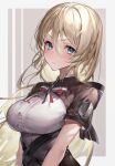  1girl absurdres azur_lane bismarck_(azur_lane) bismarck_(iron_black_elysium)_(azur_lane) blonde_hair blue_eyes blush breasts closed_mouth hair_between_eyes highres kabi_(zcwd8845) large_breasts long_hair looking_at_viewer official_alternate_costume ribbon short_sleeves solo 