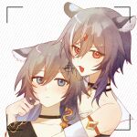  2girls alternate_hairstyle animal_ears bangs black_choker black_hair black_shirt blue_eyes chinese_new_year choker closed_mouth dual_persona earrings fu_hua fu_hua_(herrscher_of_sentience) fu_hua_(night_squire) gusha1122 hair_between_eyes hair_ornament highres honkai_(series) honkai_impact_3rd jewelry looking_at_viewer multicolored_hair multiple_girls open_mouth red_eyes shirt short_hair single_earring streaked_hair tiger_ears viewfinder 