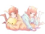  1boy 1girl :o alternate_costume amido_(compassion273) animal_ears bangs brown_hair brown_legwear cat_ears danganronpa_(series) danganronpa_2:_goodbye_despair dog_ears doll_hug eyebrows_visible_through_hair highres hinata_hajime holding hood hood_down hoodie nanami_chiaki object_hug one_eye_closed simple_background socks stuffed_animal stuffed_cat stuffed_toy symbol-only_commentary white_background white_legwear 