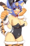  &lt;3 2022 animal_crossing animal_print ankha_(animal_crossing) anthro big_breasts blonde_hair blue_body blue_fur blue_hair blush breasts cleavage clothed clothing domestic_cat fake_ears fake_rabbit_ears felid feline felis female fur gloves hair handwear hi_res horokusa0519 inner_ear_fluff kemono licking looking_at_viewer mammal multicolored_body multicolored_fur multicolored_hair nintendo paw_gloves solo tiger_print tongue tongue_out tuft video_games yellow_body yellow_fur 