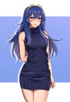  1girl absurdres alternate_costume arm_behind_back bangs bare_arms bare_shoulders black_dress blue_eyes blue_hair blush breasts closed_mouth commentary_request cowboy_shot dress fire_emblem fire_emblem_awakening grabbing_own_arm hair_between_eyes highres lips long_hair looking_at_viewer lucina_(fire_emblem) medium_breasts namu_(112namu) raised_eyebrows sleeveless sleeveless_dress smile solo sweater sweater_dress tiara 