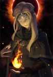  1girl blindfold blonde_hair breasts capelet cloak covered_eyes dark_souls_(series) dark_souls_iii dress fire fire_keeper highres jewelry large_breasts lips long_hair looking_at_viewer mask medium_breasts necklace simple_background solo upper_body zambiie 
