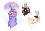  1girl ascot bare_arms bare_legs bare_shoulders black_bra black_panties blush bra cape closed_mouth collarbone edelgard_von_hresvelg fire_emblem fire_emblem:_three_houses floral_print gloves hair_ribbon highres holding holding_umbrella japanese_clothes kimono long_hair long_sleeves looking_away looking_to_the_side military military_uniform miura-n315 multiple_views navel nintendo_switch obi oil-paper_umbrella panties playing_games print_kimono profile purple_eyes purple_kimono purple_ribbon red_cape ribbon sash silver_hair simple_background smile stomach umbrella underwear underwear_only uniform white_ascot white_background white_gloves wide_sleeves 