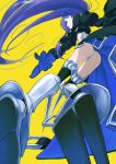  1girl armored_boots ass bangs black_jacket blue_eyes blue_ribbon blush boots breasts cropped_jacket crotch_plate fate/extra fate/extra_ccc fate_(series) hair_ribbon highres ichi_yoshida jacket long_hair long_sleeves looking_at_viewer meltryllis_(fate) prosthesis prosthetic_leg purple_hair ribbon sleeves_past_fingers sleeves_past_wrists small_breasts solo very_long_hair yellow_background 