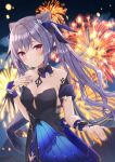  1girl absurdres bare_shoulders black_bow black_dress blush bow breasts cleavage double_bun dress fireworks genshin_impact hair_bun hair_ornament hand_on_own_chest highres keqing_(genshin_impact) keqing_(opulent_splendor)_(genshin_impact) looking_at_viewer mochiko_(uyu_omochi) nail_polish night night_sky outstretched_hand sky smile solo twintails 
