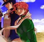  2boys blue_hair book cigarette desert earrings gakuran hat jewelry jojo_no_kimyou_na_bouken kakyoin_noriaki kujo_jotaro multiple_boys pink_hair purple_eyes red_hair scarf school_uniform sky smoking stardust_crusaders stole white_scarf yway1101 