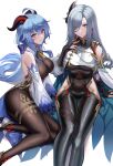  2girls absurdres ahoge bangs bare_shoulders bell black_bodysuit black_gloves blue_hair bodysuit breast_curtain breasts brown_bodysuit cape closed_mouth commentary covered_navel detached_sleeves earrings eternity_(shadeh) eyes_visible_through_hair feet_out_of_frame ganyu_(genshin_impact) genshin_impact gloves goat_horns hair_between_eyes hair_over_one_eye hand_on_own_chest high_heels highres horns jewelry large_breasts long_hair long_sleeves looking_at_viewer multiple_girls neck_bell parted_lips partially_fingerless_gloves purple_eyes shenhe_(genshin_impact) silver_hair simple_background sitting thigh_gap very_long_hair white_background 