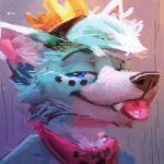  2021 abstract_background anthro bandanna black_nose blue_body blue_eyes blue_fur blue_hair bust_protrait canid canine crown digital_media_(artwork) digital_painting_(artwork) fangs fur hair half-closed_eyes hi_res inner_ear_fluff kerchief latrans male mammal narrowed_eyes pink_bandana pink_kerchief pink_tongue portrait smile solo tongue tongue_out tuft white_body white_fur white_hair 