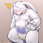  anthro blush bodily_fluids bottomwear bottomwear_down clothed clothing diaper embarrassed genital_fluids hi_res lagomorph leporid male mammal open_mouth overweight overweight_anthro overweight_male pants pants_down partially_clothed rabbit raised_hand solo tears teeth tsuchi_dash urine wet_diaper wetting 