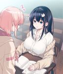  2girls 40hara black_hair blue_eyes breasts classroom highres hood hoodie indoors large_breasts long_hair multiple_girls notebook original pink_hair short_hair writing 