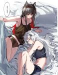  ... 2girls animal_ear_fluff animal_ears arknights armpits bare_arms bare_legs bare_shoulders bed_sheet black_hair black_panties black_shorts camisole closed_eyes closed_mouth collarbone colored_inner_hair highres lappland_(arknights) long_hair lying multicolored_hair multiple_girls na_tarapisu153 navel on_bed on_side oripathy_lesion_(arknights) panties pillow red_hair shorts silver_hair sleeping smile speech_bubble spoken_ellipsis sports_bra strap_slip texas_(arknights) two-tone_hair underwear very_long_hair wolf_ears yuri 