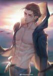  1boy abs alternate_hairstyle bare_pectorals brown_hair cowboy_shot eren_yeager fulushouxijixiangcha green_eyes hood hood_down looking_at_viewer male_focus medium_hair official_alternate_costume pectorals shingeki_no_kyojin solo spoilers sunrise toned toned_male wind 